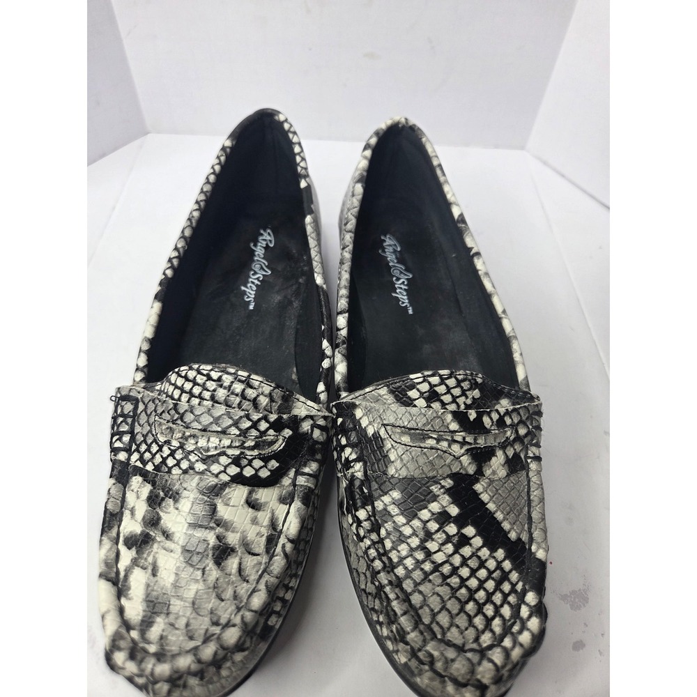Angel Steps Womens Snakeskin Print Penny Loafers Black White Moc‎ Toe Flats 9
